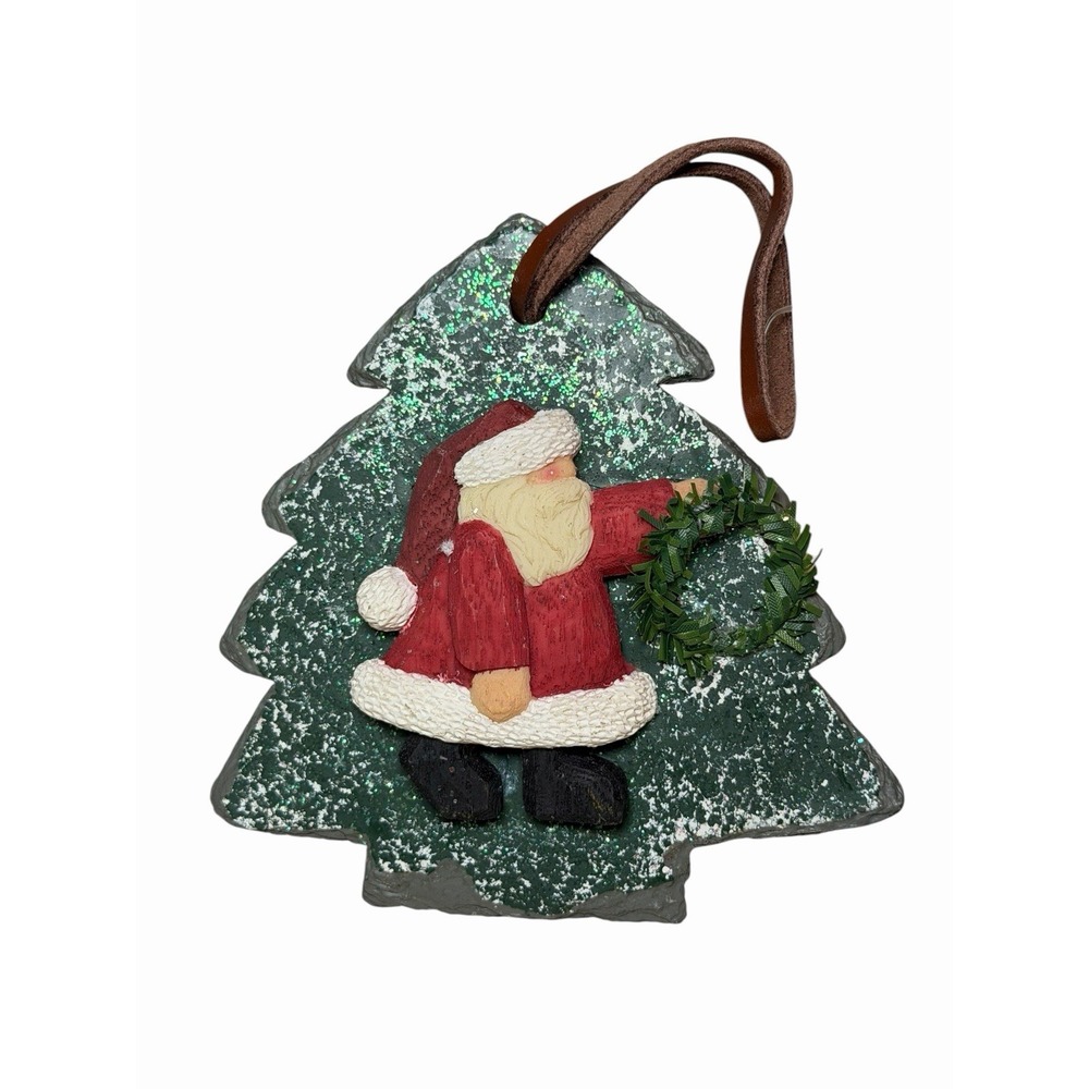 Vintage 1999 Crazy Mountain Imports Santa Wreath Slate Christmas Tree Ornament